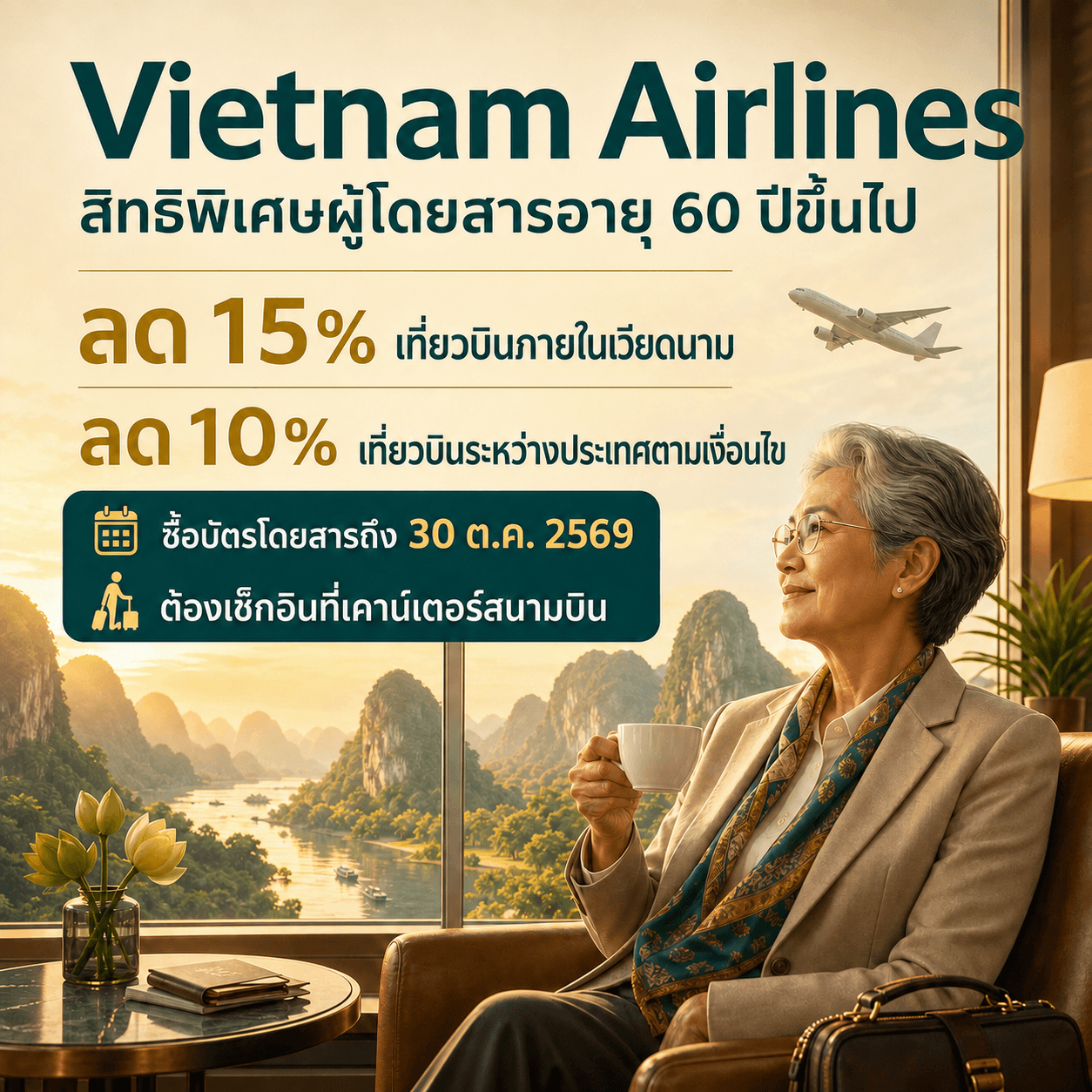 Vietnam Airlines มอบส่วนลดผู้โดยสารอายุ 60 ปีขึ้นไป ถึง 30 ตุลาคม 2569